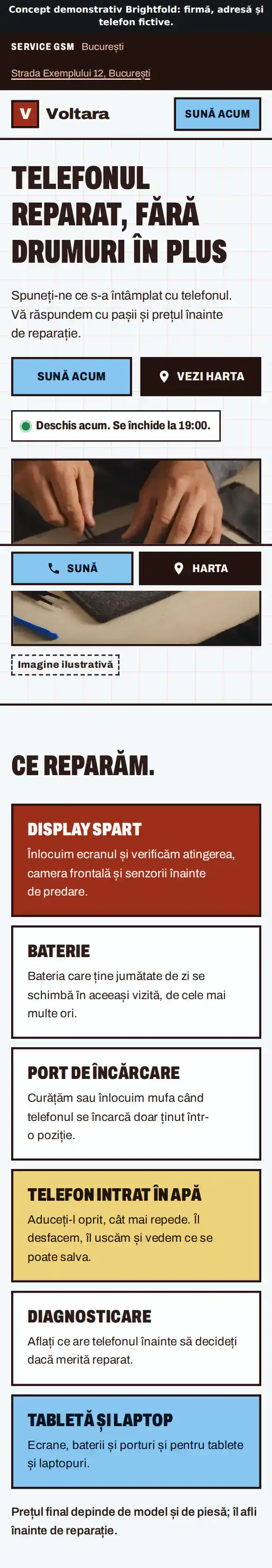 Pagina principală a demo-ului Voltara, un service GSM fictiv, pe telefon