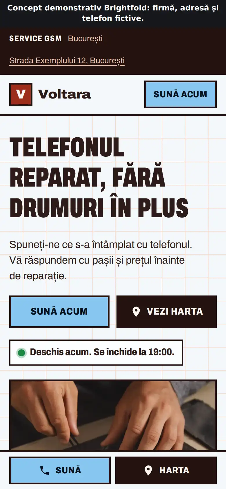 Site-ul nou Voltara: titlu mare, butoane de apel și hartă, adaptat pentru telefon