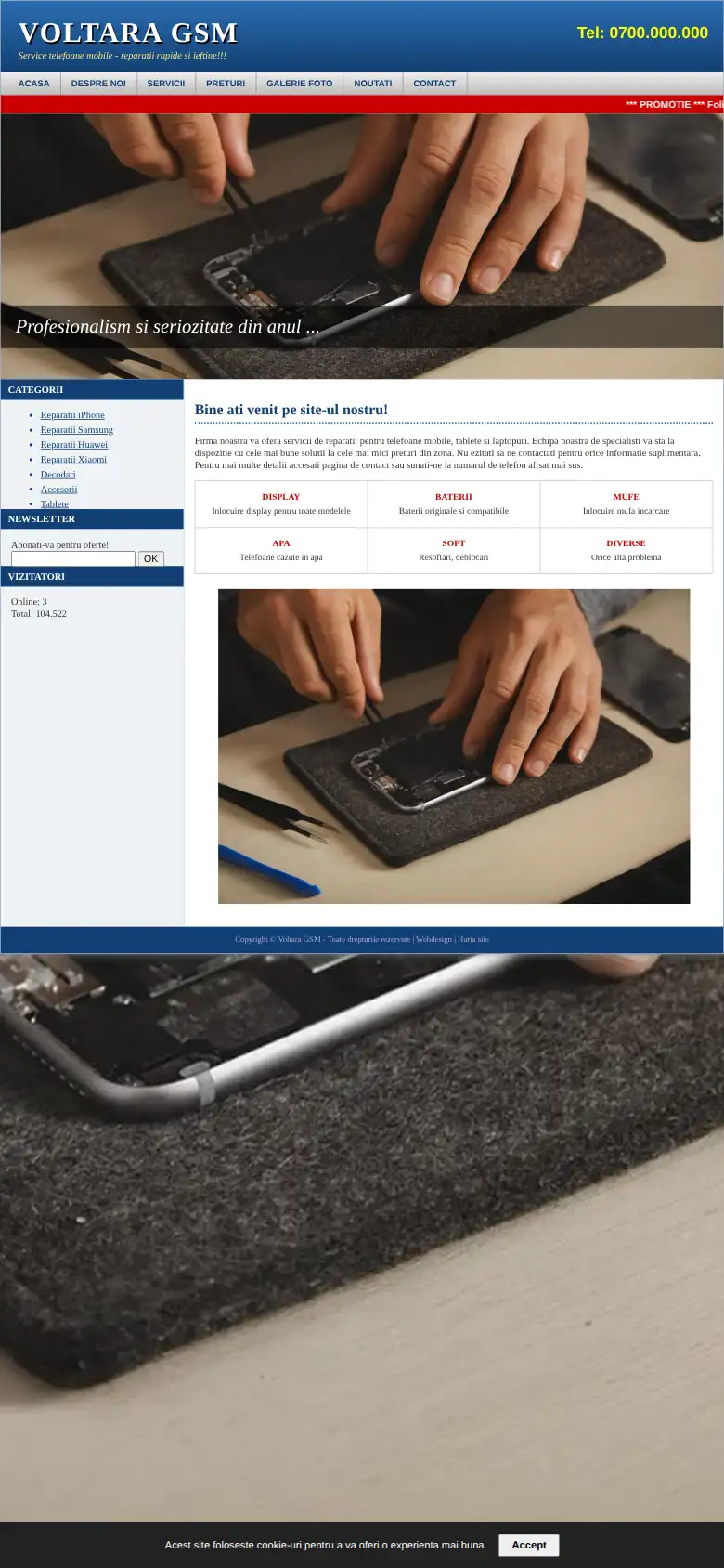 Site-ul vechi Voltara: pagina de calculator, micșorată pe telefon, cu text mărunt